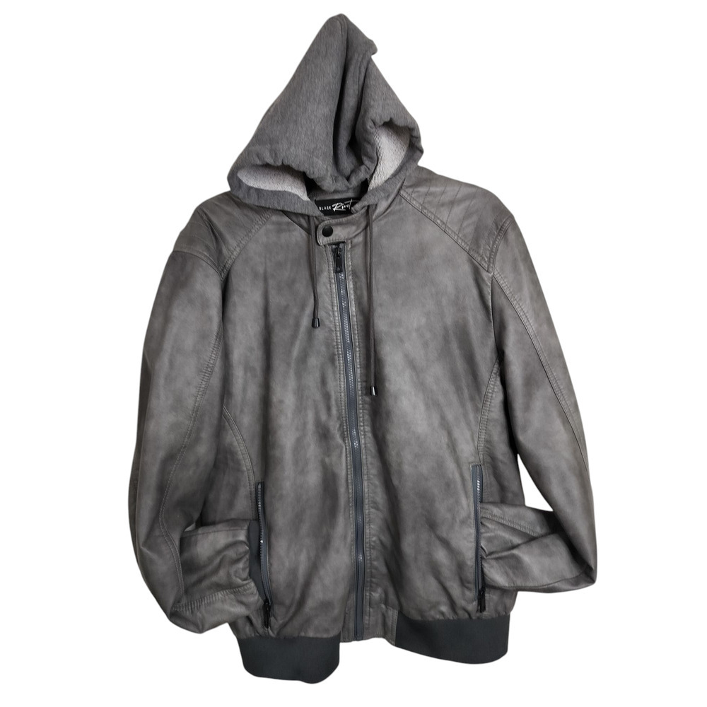 M579) Black Rivet Gray (detachable) hooded Biker Jacket Large